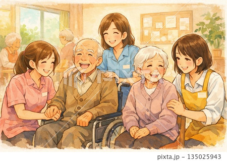 介護施設　高齢者と女性介護スタッフ　AI生成 135025943