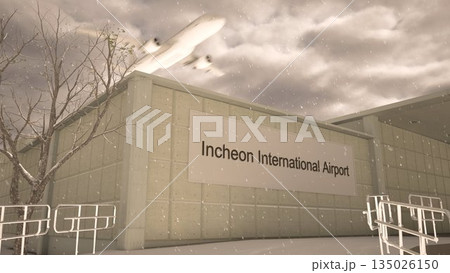 Incheon International Airport exterior with airplane overhead in winter snowfall, Seoul, South Korea 3D rendering Incheon International Airport exterior with airplane overhead in winter snowfall, Seoul, South Korea 3D rendering 135026150
