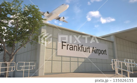 Frankfurt Airport entrance sign and airplane passing above on a summer day, Frankfurt, Germany 3D rendering Frankfurt Airport entrance sign and airplane passing above on a summer day, Frankfurt, Germany 3D rendering 135026155