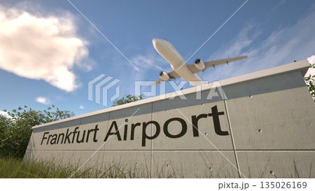 Departures at Frankfurt Airport with airplane leaving overhead, Frankfurt, Germany 3D rendering 135026169