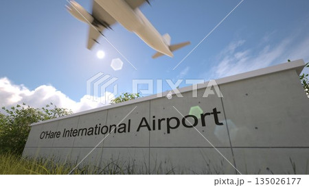 Departures at Chicago OHare International Airport with airplane leaving overhead, Chicago, United States 3D rendering Departures at Chicago OHare International Airport with airplane leaving overhead, Chicago, United States 3D rendering 135026177