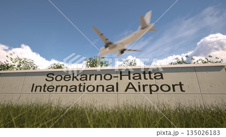 Arrivals at Soekarno Hatta International Airport with airplane landing near terminal, Jakarta, Indonesia 3D rendering 135026183