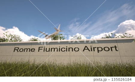 Arrivals at Rome Fiumicino Airport with airplane landing near terminal, Rome, Italy 3D rendering 135026184