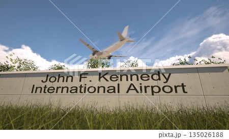 Arrivals at John F Kennedy International Airport with airplane landing near terminal, New York, United States 3D rendering 135026188