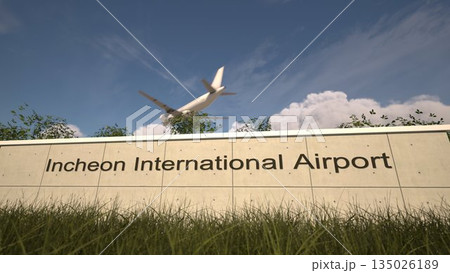 Arrivals at Incheon International Airport with airplane landing near terminal, Seoul, South Korea 3D rendering Arrivals at Incheon International Airport with airplane landing near terminal, Seoul, South Korea 3D rendering 135026189