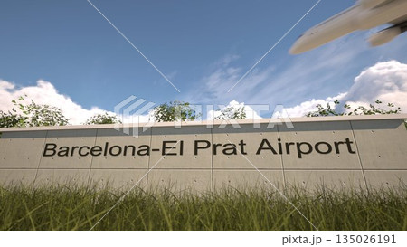 Arrivals at Barcelona El Prat Airport with airplane landing near terminal, Barcelona, Spain 3D rendering Arrivals at Barcelona El Prat Airport with airplane landing near terminal, Barcelona, Spain 3D rendering 135026191