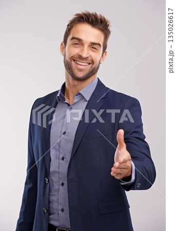 Business man in portrait, smile and shaking hands with agreement and hiring on studio background. Corporate deal, recruit with thank you or welcome handshake with collaboration and professional male Business man in portrait, smile and shaking hands with agreement and hiring on studio background. Corporate deal, recruit with thank you or welcome handshake with collaboration and professional male 135026617