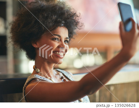 Coffee shop cafe, face selfie and happy woman post memory photo to social media, online or store advertising app. Customer, retail service and African person in startup, small business or restaurant 135026628