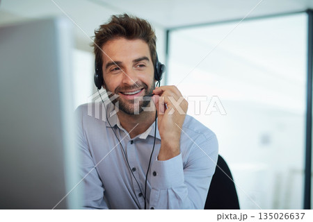 Call center, employee and man with telemarketing, customer service and conversation for advice. Male person, consultant and happy agent with headphones, communication and consulting with tech support Call center, employee and man with telemarketing, customer service and conversation for advice. Male person, consultant and happy agent with headphones, communication and consulting with tech support 135026637