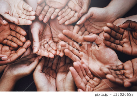 Open hands, diversity and palm together with community, solidarity and support. Above, faith or charity help gesture with people, collaboration and crowd or society union or global poverty commitment Open hands, diversity and palm together with community, solidarity and support. Above, faith or charity help gesture with people, collaboration and crowd or society union or global poverty commitment 135026658