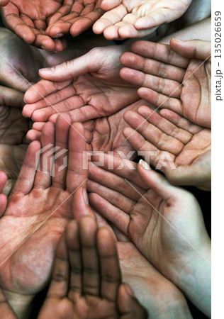 Open hands, diversity group and together with community, solidarity and support. Trust, faith and charity hands gesture with people and collaboration with crowd show palm and society and commitment Open hands, diversity group and together with community, solidarity and support. Trust, faith and charity hands gesture with people and collaboration with crowd show palm and society and commitment 135026659