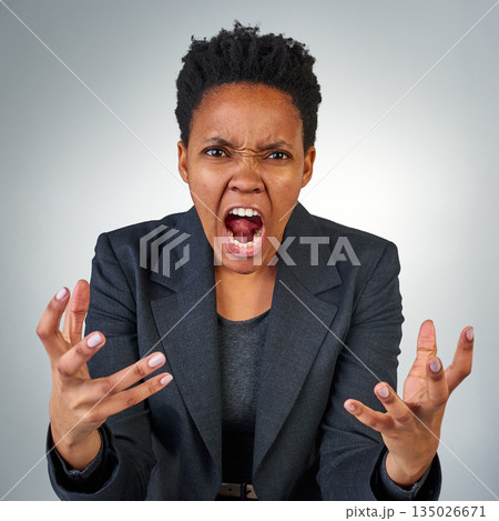 Anger, frustrated and portrait of black woman in studio for screaming, problem and crazy. Mental health, rage and angry with face of female model on gray background for shouting, stress and upset Anger, frustrated and portrait of black woman in studio for screaming, problem and crazy. Mental health, rage and angry with face of female model on gray background for shouting, stress and upset 135026671