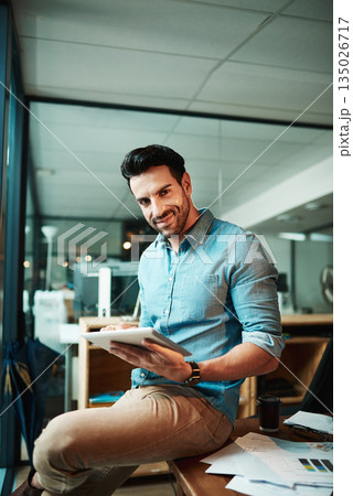 Portrait of happy man, tablet and office for planning, data update and internet research in business. Young male employee, digital technology and strategy for online information, insight and iot app 135026717