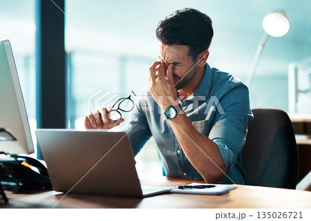 Eye strain, headache and business man at laptop with stress, mental health problem and brain fog. Tired, frustrated and confused worker at computer with fatigue, burnout and pain of vertigo in office Eye strain, headache and business man at laptop with stress, mental health problem and brain fog. Tired, frustrated and confused worker at computer with fatigue, burnout and pain of vertigo in office 135026721