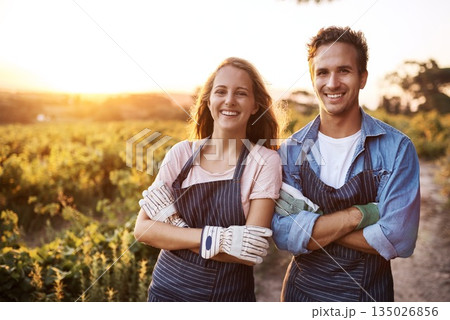 Happy couple, arms crossed and portrait at farm, outdoor agriculture for plants, food and vegetables. Woman, man and together in countryside, garden or farming with happiness, start or sustainability 135026856