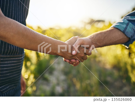 Farmer teamwork, handshake and success for sustainability deal in the countryside on farm. Agriculture, thank you and collaboration agreement in nature with farming worker and sustainable business 135026860