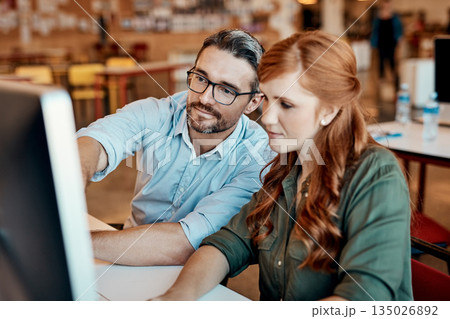 Businessman, computer and coach helping woman for ideas, team strategy or planning at the office. Man mentor coaching employee or training staff on technology for teamwork or solution at workplace Businessman, computer and coach helping woman for ideas, team strategy or planning at the office. Man mentor coaching employee or training staff on technology for teamwork or solution at workplace 135026892