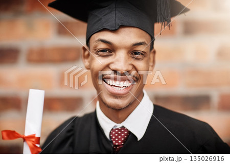 Black man, graduation and face portrait of a university student with a diploma and smile outdoor. Male person excited to celebrate college achievement, education success and future at school event 135026916