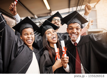 Students, graduation and group portrait of college friends with a diploma and happiness outdoor. Diversity men and women excited to celebrate university achievement, education success and future 135026918