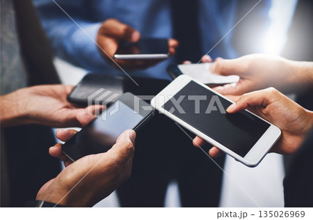 Business people, hands and phone screen with connectivity in a office with online data. Contact, collaboration and web management team on mobile with sales charts and social network for planning 135026969