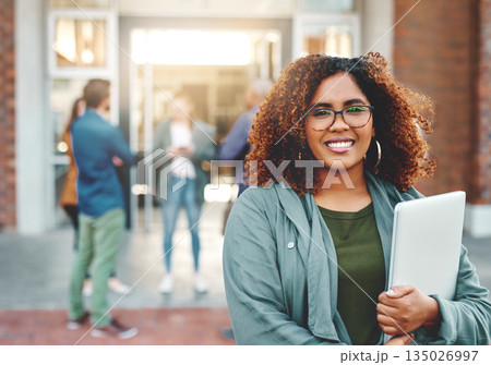 Portrait, campus and woman with a laptop, college and education with connection, smile and studying. Face, happy female person or student with technology, pc and outdoor with knowledge and university Portrait, campus and woman with a laptop, college and education with connection, smile and studying. Face, happy female person or student with technology, pc and outdoor with knowledge and university 135026997