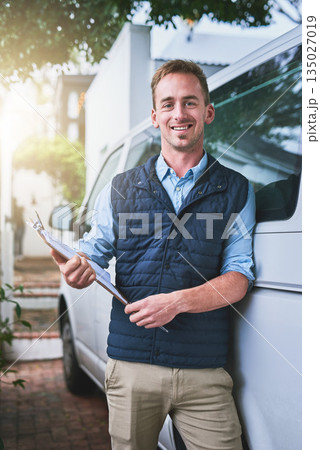 Portrait, documents and a delivery man with his van, checking a clipboard for an order or address. Logistics, ecommerce or supply chain with a male courier reading an inventory checklist for shipping Portrait, documents and a delivery man with his van, checking a clipboard for an order or address. Logistics, ecommerce or supply chain with a male courier reading an inventory checklist for shipping 135027019