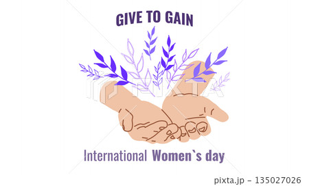 Give To Gain International Women Day Equality Through Generosity empower. Generosity as a path to gender equality. For ads web design marketing, and social campaigns. vector illustration. 135027026