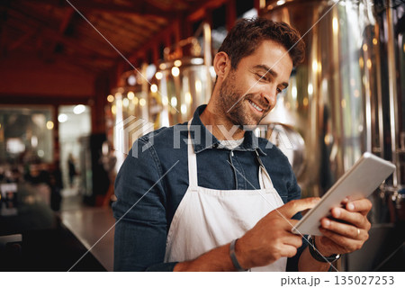 Tablet, beer and smile with man in factory for production, manufacturing and alcohol fermentation. Technology, inspection and digital with business owner for distillery, storage and quality control Tablet, beer and smile with man in factory for production, manufacturing and alcohol fermentation. Technology, inspection and digital with business owner for distillery, storage and quality control 135027253