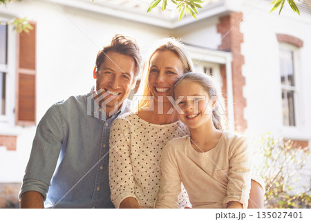 New house, portrait and happy parents, child or family with luxury home, real estate or property building, mansion or sale. Relocation happiness, homeowner and bonding woman, man or outdoor kid smile 135027401