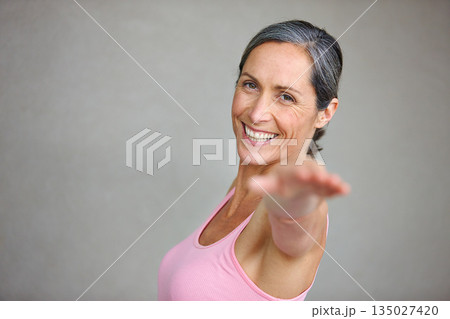 Senior woman, portrait and yoga pose with smile in studio with mockup space for health, balance and exercise on wall background. Face, meditation and mature lady happy with zen workout or training Senior woman, portrait and yoga pose with smile in studio with mockup space for health, balance and exercise on wall background. Face, meditation and mature lady happy with zen workout or training 135027420