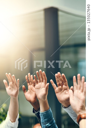 Business group, hands and question in a office meeting with diversity and at work. Collaboration, teamwork and solidarity of staff with arms and hand raised in a workplace with company mockup Business group, hands and question in a office meeting with diversity and at work. Collaboration, teamwork and solidarity of staff with arms and hand raised in a workplace with company mockup 135027640