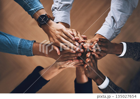 Winners, high five or hands of business people winning with support for faith, motivation or planning in office. Goals, teamwork or above of employees in collaboration with hope or mission together 135027654