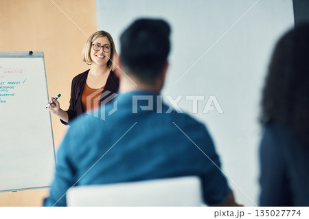 Presentation meeting, seminar speech and happy woman talking to tradeshow, sales team or investment clients. Event presenter, whiteboard and female business leader chat to listening conference group 135027774