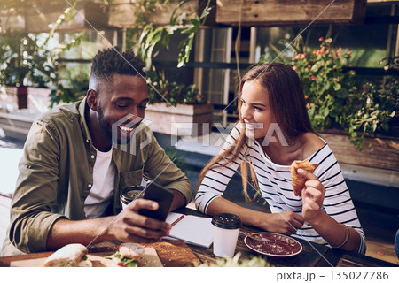 Restaurant, happy and friends laugh with phone for social media, mobile app and online website. Coffee shop, communication and black man and woman bonding on smartphone for meme, humor and internet 135027786