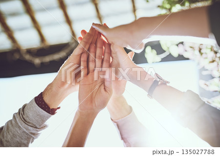 Business people, hands and high five for teamwork, success or winning in unity or collaboration outdoors. Group touching hand in agreement, meeting or team building in win together at the workplace Business people, hands and high five for teamwork, success or winning in unity or collaboration outdoors. Group touching hand in agreement, meeting or team building in win together at the workplace 135027788