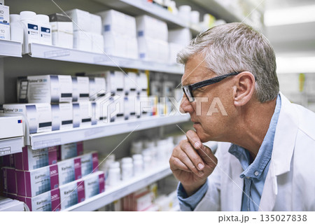 Pharmacy, medicine and thinking with man at shelf in drug store for search, inspection and inventory. Medical, healthcare and pills with senior male pharmacist for expert, wellness and product Pharmacy, medicine and thinking with man at shelf in drug store for search, inspection and inventory. Medical, healthcare and pills with senior male pharmacist for expert, wellness and product 135027838