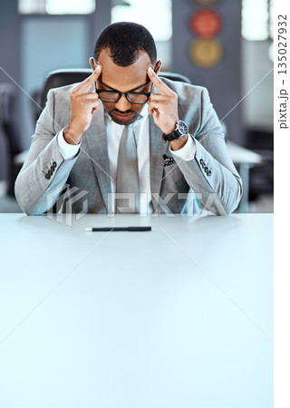 Business man, headache and stress with burnout, mental health problem and crisis with corporate fatigue. Male professional with migraine, pain and tired, depression and anxiety with mockup space Business man, headache and stress with burnout, mental health problem and crisis with corporate fatigue. Male professional with migraine, pain and tired, depression and anxiety with mockup space 135027932