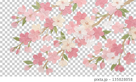 Paper cut-out style illustration of cherry blossoms and branches made with Japanese paper 135028058