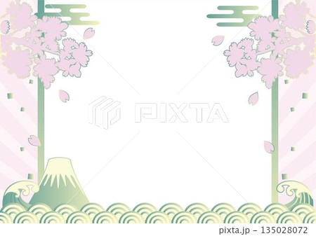 富士山と桜の和風フレーム。金色の青海波と霞が描かれた豪華なお正月・新春背景素材 富士山と桜の和風フレーム。金色の青海波と霞が描かれた豪華なお正月・新春背景素材 135028072