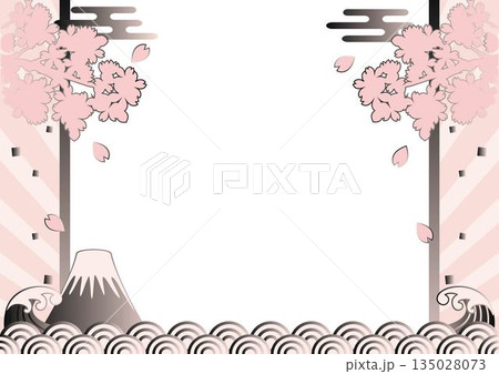富士山と桜の和風フレーム。金色の青海波と霞が描かれた豪華なお正月・新春背景素材 富士山と桜の和風フレーム。金色の青海波と霞が描かれた豪華なお正月・新春背景素材 135028073