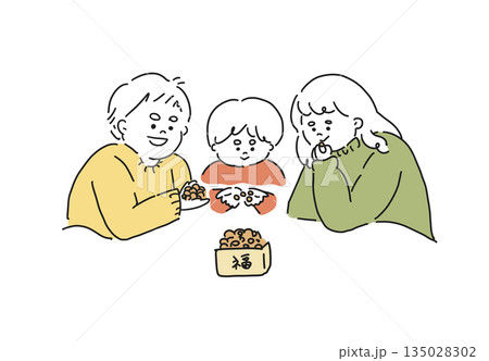 節分の福豆を食べる家族の手描きイラスト 135028302