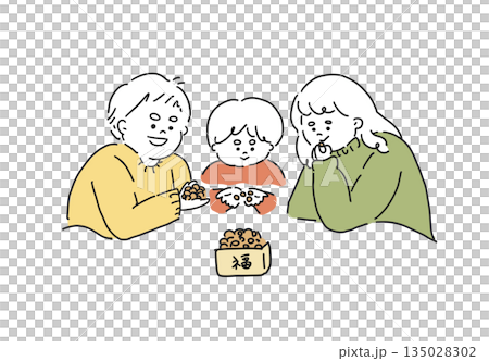 節分の福豆を食べる家族の手描きイラスト 135028302