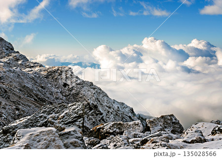 The Himalayan mountain landscape on the trekking route from Panch Pokhari to Khotey in Nepal. 135028566