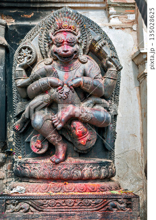 Hindu shrine statue during Dashain holiday, Bhaktapur, Kathmandu, Nepal 135028625