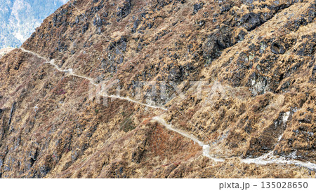 The Himalayan mountain landscape on the trekking route from Khare to Panch Pokhari in Nepal. The Himalayan mountain landscape on the trekking route from Khare to Panch Pokhari in Nepal. 135028650