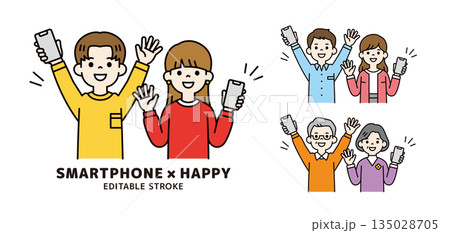 スマートフォンを持って喜ぶ、様々な年代の男性と女性の上半身ベクターイラスト素材セット_カラー スマートフォンを持って喜ぶ、様々な年代の男性と女性の上半身ベクターイラスト素材セット_カラー 135028705