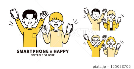 スマホを持って大喜びする、いろいろな年齢のカップル・夫婦の上半身ベクターイラスト素材セット 135028706