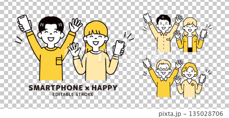 一組描繪不同年齡層情侶因智慧型手機而欣喜若狂的上半身向量插圖。 135028706