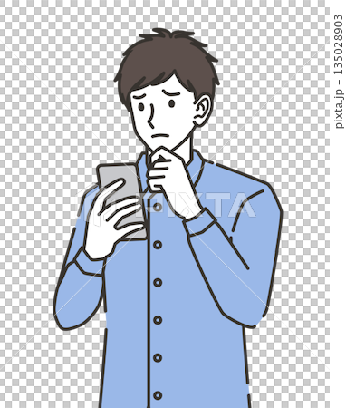 A man in his 20s worried while looking at his smartphone A man in his 20s worried while looking at his smartphone 135028903