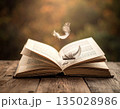 開かれた古書の上に優雅に漂う白い羽根 135028986